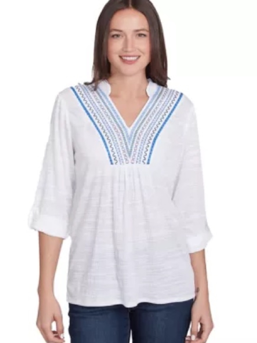 Ruby Rd. White Tunic with Blue Embroidered V-Neck